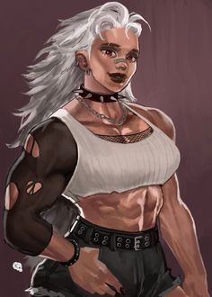 a drawing of a woman with white hair and piercings on her chest, wearing black shorts