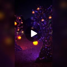 a tree decorated with halloween lights and pumpkins is shown in the dark at night