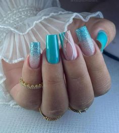 Prom Nails Turquoise, Turquoise And Silver Nails, Turquoise Nails Designs, Turquoise Nail Designs, Silver Acrylic Nails, Tiffany Nails, Quinceanera Nails, Teal Nails, Nagellack Trends