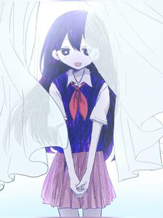 a drawing of a girl with long dark hair wearing a purple shirt and pink pleated skirt