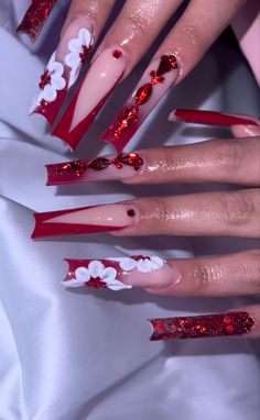 By @naileddbygabss Red And Gold Nail Ideas, Red French Tip Nails With 3d Flowers, Red Nail Inspo Acrylic Quince, Red And Gold Nails Acrylic, Red Acrylic Nails With 3d Flowers, Red 3d Flower Nails, Red Nail Designs 3d Flower, Red Birthday Nails, Baddie Christmas Nails