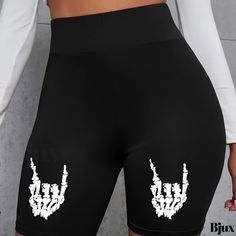 Bjux - Dynamic Hand Bone Print High-Waisted Yoga Shorts for Women, Fitness Workout Stretch Shorts Black Biker Shorts With Letter Print, Fitted Gym Bottoms With Letter Print, Black Letter Print Workout Bottoms, Black Stretch Shorts With Letter Print, Black Stretch Bottoms With Letter Print, Hand Bones, Shorts Workout, Drawing Black, Shorts For Women