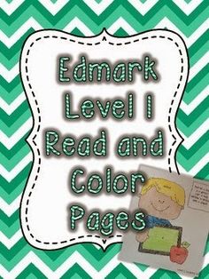 a green and white chevron background with the words edmark level i read and color pages