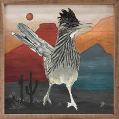 a painting of a bird standing in front of a desert landscape with mountains and cactus trees