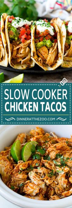 slow cooker chicken tacos in a white bowl with limes and cilantro