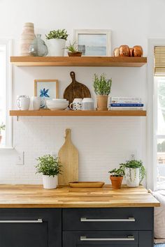 the kitchen counter is covered with potted plants and other things on top of it