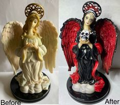 two pictures of angel figurines one has a skull and the other has a skeleton