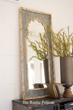 an old mirror and vase with plants in it