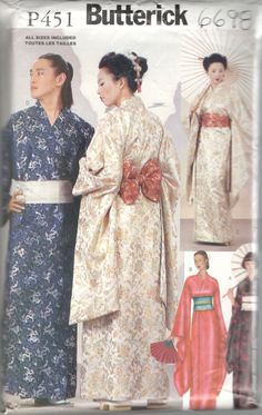 two women in kimonos and one woman with an umbrella on the other side