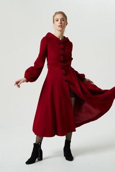 womens long dress coat wine red wool coat 1977 – xiaolizi Red Long-sleeved Wool Coat For Winter, Red Long Wool Coat For Winter, Red Long Wool Coat With Buttons, Red Wool Coat With Buttons For Winter, Red Wool Winter Coat, Burgundy Long Dress, Long Dress Coat, Coat Dresses, Red Wool Coat