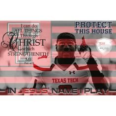 an image of a football player with the words protect this house in red and white