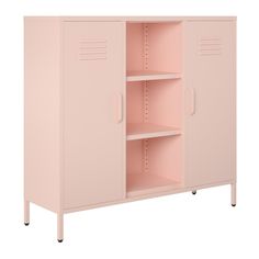 a pink metal cabinet with shelves on wheels