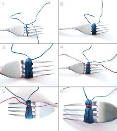 four pictures showing the steps to make a fork sculpture with forks and strings attached to it