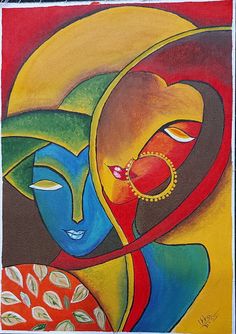 an abstract painting of two women with bright colors