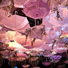 many umbrellas are hanging from the ceiling