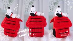 two pictures of a red crocheted dog in a sweater with black and white stripes