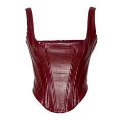 Crafted from high-quality faux leather, this corset top exudes the allure of genuine leather while maintaining a cruelty-free and sustainable approach. The structured silhouette provides a flattering fit, accentuating your curves with a touch of sophistication.  The back zipper ensures easy wear and adds a hint of modernity, allowing you to slip into this corset top effortlessly. Adjustable straps provide a customizable fit, ensuring comfort and flexibility as you showcase your individual style.  Pair it with high-waisted trousers, a skirt, your favourite jeans our the Ono pants and trench jacket to create a versatile and captivating look.  Why You’ll Love this top:  Faux leather fabric, Fully lined, Adjustable straps, Back zipper Dry Clean Only Maroon Corset, Red And Black Clothes, Red Leather Outfit, Maroon Corset Top, Burgundy Corset Top, Red Corset Crop Top, Luxury Elegant Leather Corset, Red Leather Corset, Burgundy Corset