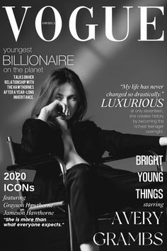 a woman sitting in a chair on the cover of a magazine