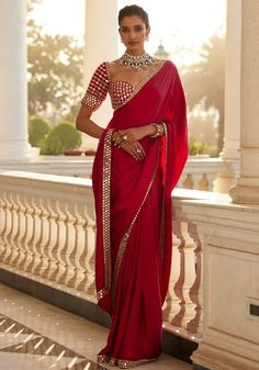 Red Satin Saree, Mirror Work Border, Red Saree Blouse, Mirror Blouse, Vani Vats, Mirror Work Saree, Red Sari, Mirror Work Blouse, Indian Wedding Wear