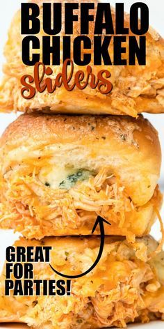 two chicken sliders stacked on top of each other with the words buffalo chicken sliders below