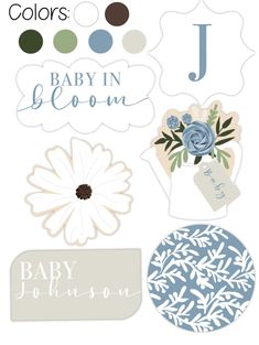 the baby in bloom stickers are shown with different colors and designs on them, including blue