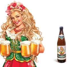 a woman holding two mugs of beer next to a painting of a blonde haired girl