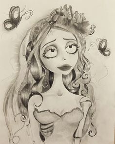 a drawing of a girl with long hair and butterfly wings on her head, wearing a bra