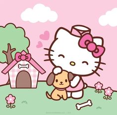 hello kitty and her puppy dog in front of their house with a pink sky background