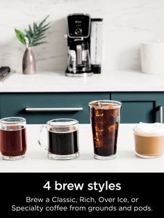 four different types of cold drinks on a counter top with the text 4 brew styles