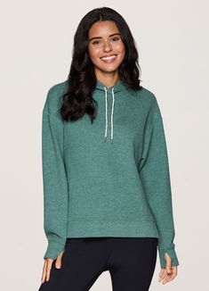 With a breathable fit, ultra soft fabric and elevated design, our Fireside Ultra Soft Hoodie is the everyday sweatshirt your wardrobe needs. This lightweight hooded sweatshirt is made from a super soft, heathered stretch fabric that's perfect for layering or wearing on its own, while side slits help promote air flow and breathability. Functional features including adjustable drawstrings for the hood and thumbholes that ensure distraction-free movement all combine for a versatile pullover you can Cozy Stretch Solid Hoodie, Green Gym Hoodie With Drawstring Hood, Cozy Stretch Sweatshirt With Drawstring Hood, Comfortable Hoodie With Ribbed Cuffs, Comfortable Hoodie With Ribbed Cuffs And Stretch, Comfortable Stretch Hoodie With Ribbed Cuffs, Green Sporty Everyday Hoodie, Sporty Green Everyday Hoodie, Sporty Sweater With Drawstring Hood For Loungewear