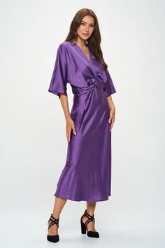 Made in USA Satin Stretch Solid Dress with Front Twist. Available in other Colors. Fabric content: 97% Polyester, 3% Spandex. Style: casual, formal, work Print / Pattern: solid Silhouette: a-line Fit: regular Neck Line: v neck Sleeve: shortsleeve Length: maxi Lining: no Made In: Made in U.S.ASize Measurement (inch): S: 18.5 (Bust), 13.5 (Waist), 20.0 (Hips), 50.5 (Length) M: 19.5 (Bust), 14.5 (Waist), 21.0 (Hips), 51.0 (Length) L: 20.5 (Bust), 15.5 (Waist), 22.0 (Hips), 51.5 (Length) Solid Color V-neck Midi Dress For Office, Elegant Formal V-neck Dress In Solid Color, Spring Formal Ruched V-neck Dress, Solid V-neck Midi Dress For Office, Dressy V-neck Midi Dress For Office, Stretch Viscose V-neck Midi Dress, Formal Short Sleeve Maxi Dress In Solid Color, Short Sleeve Solid Color Maxi Dress For Formal Occasions, V-neck Office Dress In Solid Color