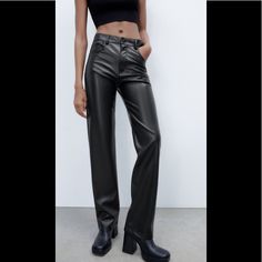 Zara Faux Leather Straight Leg Pants Basic And Beautiful Trendy Black Straight Leather Pants, Chic Full-length Faux Leather Pants, Faux Leather Straight Leg Pants For Party, Wide Leg Leather Pants For Going Out, Leather Straight Leg Pants For Night Out, Faux Leather Straight Leg Party Pants, Sleek Wide Leg Leather Pants For Going Out, High Rise Black Faux Leather Bottoms, High Rise Faux Leather Pants For Spring