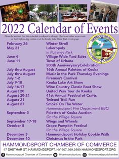 a purple poster with the words calendar of events in white and black letters on it