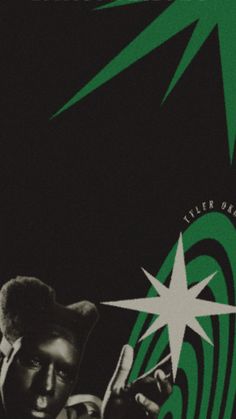 a black and green poster with a man holding a star in his right hand as if he is pointing at something