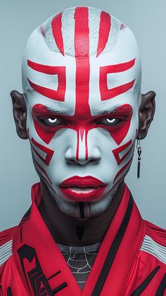 a man with white and red makeup on his face