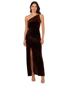 in stock Brown Gown, Velvet Evening Gown, Velvet Gown, One Shoulder Gown, Column Gown, Flowing Skirt, Black Tie Event, Adrianna Papell, Asymmetrical Dress