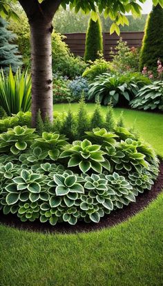 a lush green garden with lots of flowers and trees in the center, surrounded by grass