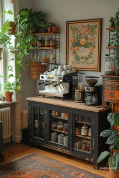 a coffee machine sitting on top of a wooden cabinet in a living room next to a potted plant