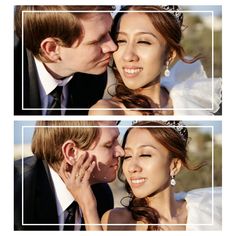 two pictures of a bride and groom kissing each other with the caption's name below them