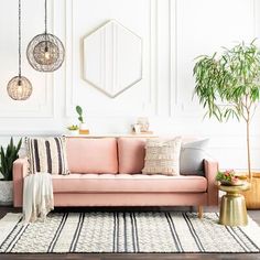 a pink couch sitting on top of a rug in a living room next to a potted plant