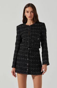 Boxy cropped tweed jacket Functional front patch pockets Fully lined, button front closure Dry clean only Self: 60% Polyester, 40% Wool / Lining: 100% Polyester Style #ACT17957TA Bodycon Dress Winter, Black Tie Bridesmaids, Top Skirt Set, Top Pants Set, Strapless Tops, Sweater Sale, Long Sleeve Bodycon Dress, Overall Dress