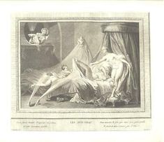 an old drawing of a woman laying in bed with her head on the back of a man