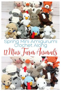 crochet amigurmi mini farm animals with text overlay reading spring mini amigurmi crochet along