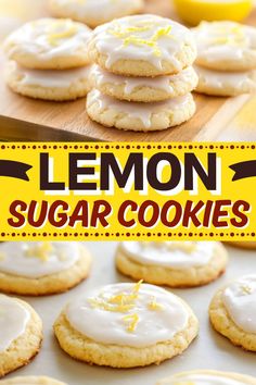 lemon sugar cookies with white icing on a tray