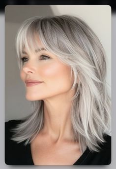 Gray Hair 50 Years Old, Long Layered Gray Hair Over 50, Over Fifty Hairstyles Over 50, Long Blonde Bob With Bangs, Growing Out Bangs Hairstyles Over 50, Medium Grey Hair Over 50, Layered Grey Hair, Gray Shag Hairstyles, Bangs Grey Hair