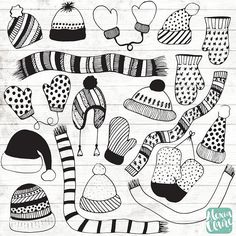 winter hats and mittens clipart set on wood background with hand drawn design elements