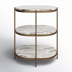 two tiered marble and brass side table with metal frame, on an isolated white background