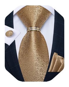 PRICES MAY VARY. 🎁【PURCHASE CONTAINS】Silk Solid Gold Tie+Woven Handkerchief+Cufflinks+Tie Ring+Gift Box.It's Proper gift for Father's Day,Christmas Day,Valentine's Day,Thanksgiving Day,Anniversary,birthday ect. 🎁【CLASSIC SIZE】Tie size:59x 3.15 inches(150cm x 8 cm), Pocket Square size: 9 x 9 inches(23*23cm),Cufflink Diameter:0.55 inches(1.4cm).Exquisite men's plain tie set for a variety of dress shirts and suit tuxedo. 🎁【MATERIAL and CRAFT】Necktie and pocket square are made from Silk. 2000 sti