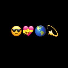 the four emoticons are all wearing sunglasses and one has a heart, star, airplane