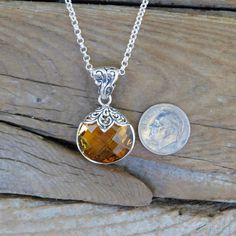 "Madeira citrine necklace...1 1/4\" tall with bail by 3/4\" wide at the widest spot, cast and antiqued in sterling silver 925 with a 18mm by 18mm beautiful Madeira citrine stone, this necklace is two sided last picture is the back...the chain is 18\" long also in sterling silver 925" Citrine Necklace, Citrine Stone, Necklace Handmade, Handmade Necklaces, Pendant Necklaces, Silver 925, Citrine, 925 Sterling Silver, Necklaces